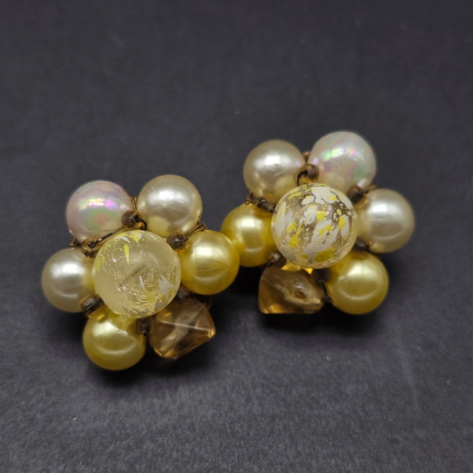 Japan Beaded Cluster Clip On Earrings Yellow Faux Pearl Vintage Jewelry